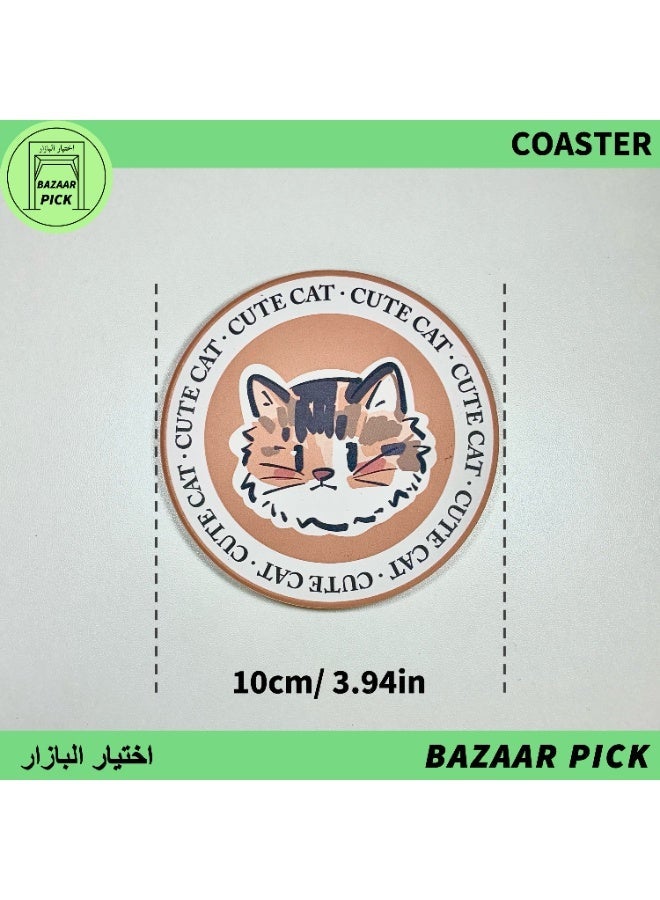 3 Pcs Anti-Slip Ceramic Coasters with Cork Base (10cm) - Absorbent Stone Drink Mats in Yellow, Brown & Grey, Heat Resistant Cute Cat Design Table Protector for Mugs & Glasses - Image 4